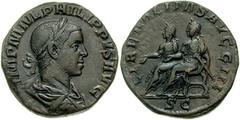 PHILIP II. 247-249 AD. Æ Sestertius (27mm, 18.82 gm). Struck circa 248-249 AD. Laureate, draped, and cuirassed bust right / Philip II and Philip I seated left on curule chairs, extending hands; Philip