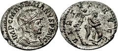 MAXIMIANUS 286-305 AD. Antoninianus (23mm, 3.37 gm). Lugdunum (Lyon) mint. Struck circa 289 AD. Radiate, helmeted, and cuirassed bust right / Victory standing right on club, crowning Hercules standing