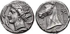 SICILY, Entella. Punic issues. Circa 320/15-300 BC. AR Tetradrachm (25mm, 17.00 g, 9h). Wreathed head of Arethusa left; four dolphins around / Head of horse left; palm tree to right, Punic ‘MMḤNT belo