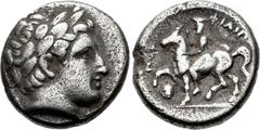 KINGS of MACEDON. Philip II. 359-336 BC. AR Tetrobol(?) (12mm, 1.00 g, 4h). Pella mint(?). Struck circa 354/3-349/8 BC. Laureate head of Apollo right / Philip on horseback left; below raised foreleg, 