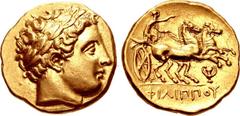 KINGS of MACEDON. temp. Philip II – Alexander III. Circa 340/36-328 BC. AV Stater (18mm, 8.59 g, 11h). In the name and types of Philip II. Pella mint. Head of Apollo right, wearing laurel wreath / ΦIΛ