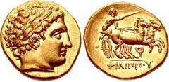 KINGS of MACEDON. Philip III Arrhidaios. 323-317 BC. AV Stater (18mm, 8.62 g, 3h). In the types of Philip II. Pella mint. Struck under Antipater or Polyperchon, circa 323-318/7 BC. Laureate head of Ap