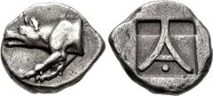 ARGOLIS, Argos. Circa 480/70-440/30 BC. AR Triobol (15mm, 3.03 g, 12h). Forepart of wolf at bay left / Large A with pellet below; two small incuse squares above; all within shallow square incuse. BCD 