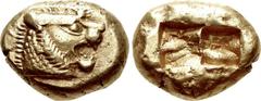 KINGS of LYDIA. temp. Alyattes – Kroisos. Circa 620/10-550/39 BC. EL Trite – Third Stater (14mm, 4.70 g). Sardes mint. Head of roaring lion right, sun with multiple rays on forehead / Two incuse squar