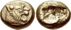 KINGS of LYDIA. temp. Alyattes – Kroisos. Circa 620/10-550/39 BC. EL Trite – Third Stater (12mm, 4.72 g). Sardes mint. Head of roaring lion right, sun with multiple rays on forehead / Two incuse squar