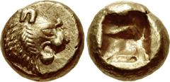 KINGS of LYDIA. temp. Alyattes – Kroisos. Circa 620/10-550/39 BC. EL Hemihekte – Twelfth Stater (8mm, 1.18 g). Sardes mint. Head of lion right, sun on forehead (later style) / Incuse square punch. Wei