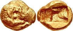 KINGS of LYDIA. Kroisos. Circa 564/53-550/39 BC. AV Sixth Stater (9mm, 1.36 g). Light standard. Sardes mint. Confronted foreparts of lion right and bull left / Two incuse squares. Walberg Group IV; Be