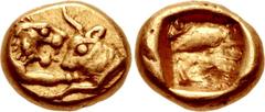 KINGS of LYDIA. Kroisos. Circa 564/53-550/39 BC. AV Twelfth Stater (6mm, 0.66 g). Light standard. Sardes mint. Confronted foreparts of lion right and bull left / Incuse square. Walberg Group VI; Berk 