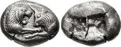 KINGS of LYDIA. Kroisos. Circa 564/53-550/39 BC. AR Stater (20.8mm, 10.41 g). Sardes mint. Confronted foreparts of lion right and bull left / Two incuse squares of unequal size. Berk 20; Traité I 407;
