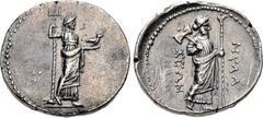 CARIA, Mylasa. Circa 250-200 BC. AR Tetradrachm (25mm, 13.30 g, 12h). Zeus Osogoa standing right, holding eagle in right hand, left hand holding trident set on crab / Zeus Labraundos standing right, h