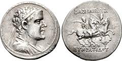 BAKTRIA, Greco-Baktrian Kingdom. Eukratides I Megas. Circa 170-145 BC. AR Tetradrachm (33mm, 16.19 g, 12h). Diademed, draped, and cuirassed bust right / The Dioskouroi on horses rearing right, holding