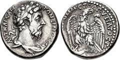 SYRIA, Seleucis and Pieria. Antioch . Marcus Aurelius. AD 161-180. AR Tetradrachm (24mm, 13.31 g, 12h). Struck AD 178/9. Laureate and draped bust right / Eagle standing facing on thigh of sacrificial 