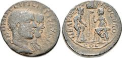 JUDAEA, Neapolis. Philip I, with Philip II. AD 244-249. Æ (27mm, 13.79 g, 6h). Conjoined laureate, draped, and cuirassed busts of Philip I and Philip II right / Helmeted nude male figure with foot on 