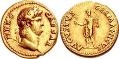 Nero. AD 54-68. AV Aureus (19mm, 7.31 g, 7h). Rome mint. Struck AD 64-65. NERO CAESAR, laureate head right / AVGVSTVS GERMANICVS, Nero, radiate, togate, standing facing, holding branch upright in righ