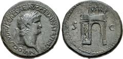 Nero. AD 54-68. Æ Sestertius (35mm, 26.13 g, 1h). Uncertain Balkan mint, possibly Perinthus in Thrace. Struck circa AD 64. Laureate bust right / Triumphal arch with wreath hung between pillars surmoun
