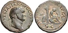 Vespasian. AD 69-79. Æ As (27mm, 10.21 g, 6h). “Judaea Capta” commemorative. Lugdunum (Lyon) mint. Struck AD 77-78. Laureate head right, globe at point of neck / IV[DAEA] CAPTA, S C in exergue, palm t