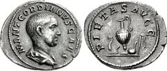 Gordian III. As Caesar, AD 238. AR Denarius (21mm, 1.92 g, 6h). Rome mint. Struck under Balbinus & Pupienus. Bareheaded and draped bust right / Emblems of the pontificate: lituus, secespita, guttus, s