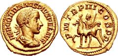 Gordian III. AD 238-244. AV Aureus (19.5mm, 4.93 g, 12h). Rome mint, 6th officina. 7th emission, AD 240. IMP GORDIANVS PIVS FEL AVG, laureate, draped, and cuirassed bust right / P M TR P III COS P P, 
