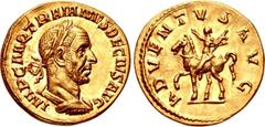 Trajan Decius. AD 249-251. AV Aureus (18.5mm, 3.78 g, 12h). Rome mint, 4th officina. 2nd-3rd emission, AD 249-250. IMP C M Q TRAIANVS DECIVS AVG, laureate and cuirassed bust right / ADVENTVS AVG, Traj