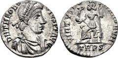Theodosius I. AD 379-395. AR Siliqua (16mm, 1.74 g, 12h). Treveri (Trier) mint. Struck AD 388-395. Pearl-diademed, draped, and cuirassed bust right / Roma seated left on cuirass, holding Victory on gl