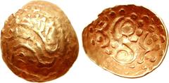 CELTIC, North-Eastern series ('Corieltauvi'). Uninscribed. Circa 50 BC - AD 30. AV Quarter Stater (15mm, 1.39 g). Scyphate type. Schematic boar left within torque-like ring of two serpents / Large S-s