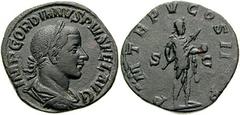GORDIAN III. 238-244 AD. Æ Sestertius (30mm, 15.55 gm). Struck 242-243 AD. Laureate, draped, and cuirassed bust right / Emperor in military dress standing right, holding transverse spear and globe. RI