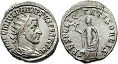 PHILIP I. 244-249 AD. AR Antoninianus (22mm, 4.80 gm). Antioch mint. Struck 244 AD. IMP C M IVL PHILIPPVS P F AVG P M, radiate, draped, and cuirassed bust right / Spes advancing left, holding flower a