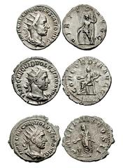 VOLUSIAN. 251-253 AD. Lot of three AR Antoniniani. Includes the following: Concordia // Same. Virtus // Same. Volusian sacrificing. All coins VF-good VF. Three (3) coins in lot.