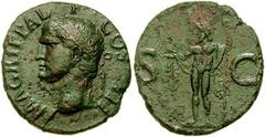 AGRIPPA. Died 12 BC. Æ As (28mm, 9.17 gm). Struck under Caligula, 37-41 AD. Head of Agrippa left, wearing rostral crown / Neptune standing left, holding small dolphin and trident. RIC I 58 (Gaius); Co