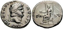 NERO. 54-68 AD. AR Denarius (18mm, 3.53 gm). Rome mint. Struck 67-68 AD. Laureate head right / Salus seated left on throne, holding patera. RIC I 72; WCN 68; RSC 320. VF, scratch on reverse. This reve