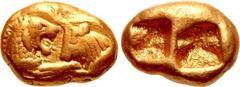 KINGS of LYDIA. Kroisos. Circa 564/53-550/39 BC. AV Third Stater (11mm, 3.57 g). Heavy series. Sardes mint. Confronted foreparts of lion and bull / Two incuse squares. Berk 5; Traité I 399; Sunrise 8 