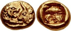 KINGS of LYDIA. Kroisos. Circa 564/53-550/39 BC. AV Twelfth Stater (6mm, 0.68 g). Light series. Sardes mint. Confronted foreparts of lion and bull / Incuse square. Berk 10–3; Traité I –; Sunrise 9 (th