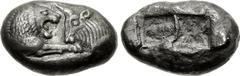 KINGS of LYDIA. Kroisos. Circa 564/53-550/39 BC. AR Stater (21mm, 10.48 g). Sardes mint. Confronted foreparts of lion and bull / Two incuse squares. Berk 20; Traité I 407-8; Sunrise 10 (this coin). EF