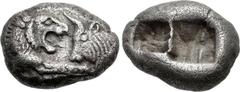 KINGS of LYDIA. Kroisos. Circa 564/53-550/39 BC. AR Half Stater – Siglos (16mm, 5.20 g). Sardes mint. Confronted foreparts of lion and bull / Two incuse squares. Berk 23; Traité I 411, pl. X, 11; Sunr