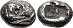 KINGS of LYDIA. Kroisos. Circa 564/53-550/39 BC. AR Third Stater (13mm, 3.54 g). Sardes mint. Confronted foreparts of lion and bull / Two incuse squares. Berk 24; Traité I 412; Sunrise 12 (this coin).