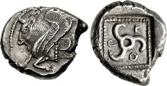 DYNASTS of LYCIA. Kuprilli. Circa 480-440 BC. AR Stater (18.5mm, 8.42 g, 5h). Xanthos mint(?). Forepart of winged bull left; triskeles above / Triskeles; K-O-Π around; all in pelleted square within in