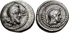 DYNASTS of LYCIA. Ddenewele. Circa 420/10-400 BC. AR Quarter Stater – Hemidrachm (13mm, 1.95 g, 9h). Xanthos mint(?). Bearded head right, wearing kyrbasia; monogram before / Head of Athena right, wear