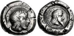 DYNASTS of LYCIA. Kherei. Circa 410-390 BC. AR Stater (20mm, 9.46 g). Pinara mint. Head of Athena right, wearing crested Attic helmet decorated with spiral palmette and three olive leaves / Bearded he