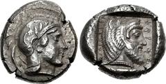 DYNASTS of LYCIA. Kherei. Circa 410-390 BC. AR Stater (18mm, 8.52 g, 3h). Telmessos mint. Head of Athena right, wearing crested Attic helmet decorated with spiral palmette and three olive leaves; TE (