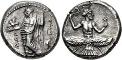 CILICIA, Mallos. Tiribazos. Satrap of Lydia, 388-380 BC. AR Stater (20mm, 10.33 g, 12h). Struck circa 384-383 BC. Baal standing half-left, holding eagle in extended right hand, lotus-tipped scepter in