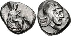 CILICIA, Tarsos. Tiribazos. Satrap of Lydia, 388-380 BC. AR Stater (21mm, 10.12 g, 3h). Struck circa 390/87-387/6 BC. Figure seated right, wearing satrapal headdress, raising right hand, left hand pla