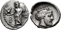 CILICIA, Tarsos. Tiribazos. Satrap of Lydia, 388-380 BC. AR Obol (10mm, 0.82 g, 3h). Struck circa 384-383 BC. Ba’al standing left, holding eagle and scepter; monogram to left, TRZ (in Aramaic) to righ