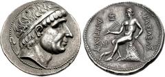 SELEUKID KINGS of SYRIA. Antiochos I Soter. 281-261 BC. AR Tetradrachm (30mm, 17.16 g, 6h). Ekbatana mint. Diademed head right / BAΣIΛEΩΣ ANTIOXOY, Apollo Delphios seated left on omphalos, testing thr