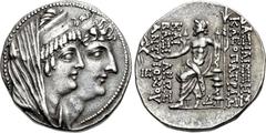 SELEUKID KINGS of SYRIA. Kleopatra Thea & Antiochos VIII. 125-121 BC. AR Tetradrachm (28mm, 16.43 g, 12h). Antioch on the Orontes mint. Struck circa 122-121 BC. Jugate busts right of Kleopatra, wearin