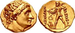 BAKTRIA, Greco-Baktrian Kingdom. Diodotos I Soter. Circa 255-235 BC. AV Stater (18mm, 8.31 g, 6h). In the name of Antiochos II of Syria. Mint A (near Aï Khanoum). Diademed head right / ∫Å%5¬EW% Å@t5oc