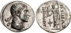 BAKTRIA, Greco-Baktrian Kingdom. Agathokles Dikaios. Circa 185-175 BC. AR Tetradrachm (30mm, 16.91 g, 12h). Diademed and draped bust right / BAΣIΛEΩΣ ΑΓΑΘΟΚΛΕOYΣ, Zeus standing facing, holding figure 