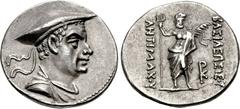 BAKTRIA, Greco-Baktrian Kingdom. Antimachos I Theos. Circa 180-170 BC. AR Drachm (18mm, 4.20 g, 12h). Diademed and draped bust right, wearing kausia / BAΣIΛEΩΣ ΘEOY to right, ΑNTIMAXOY to left, Poseid
