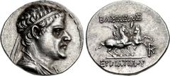 BAKTRIA, Greco-Baktrian Kingdom. Eukratides I Megas. Circa 170-145 BC. AR Drachm (19mm, 4.25 g, 12h). Diademed and draped bust right / BAΣIΛEΩΣ EYKPΑTIΔOY, the Dioskouroi on horses rearing right, crad