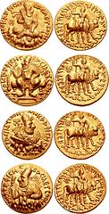 INDIA, Kushan Empire. Vima Kadphises. Circa AD 100-127/8. Set of Four AV 2 Dinars. Mint I (A). 3rd emission. All coins: BACIΛЄYC OH MO KAΔΦICHC, diademed and crowned figure or half-length bust of Vima