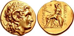 KINGS of THRACE, Macedonian. Lysimachos. 305-281 BC. AV Stater (17.5mm, 8.54 g, 7h). Chios mint(?). Struck circa 290-281 BC. Diademed head of the deified Alexander right, with horn of Ammon / BAΣIΛEΩΣ